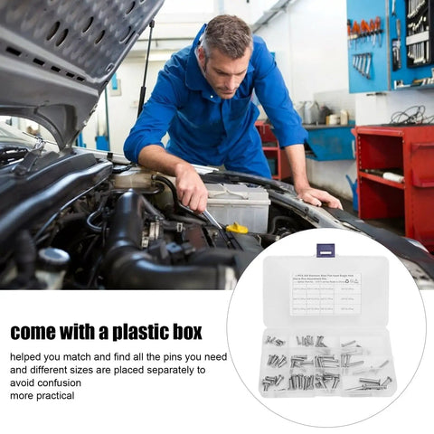 Mechanic using 60 Piece Clevis Pins Assortment Kit with Zinc Plated Steel Pins in a garage setting