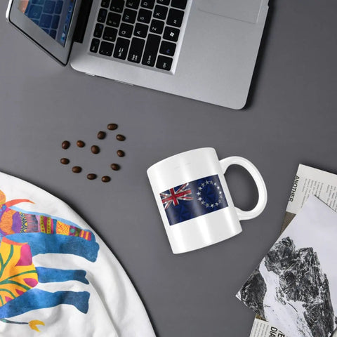 Cook Islands Flag With Polygonal Effects 11 Oz Coffee Mug Double Sided Print With Handle Premium Ceramic Cup on desk scene