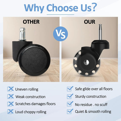 Side-by-side 2-inch ball casters: left simple black wheel, right heavy-duty stem swivel with mounting plate (set of 4)