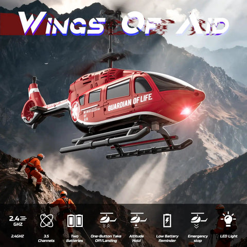 Rad Rescue RC Helicopter Toy With LED Lights And Altitude Hold flying over mountain rescue scene, highlighting realistic design.
