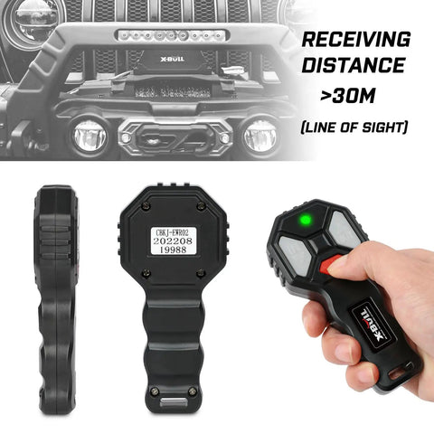 Wireless Winch Remote Control Kit With 2 Button Handset For Cars ATVs And SUVs 12V showing control, back view, user holding