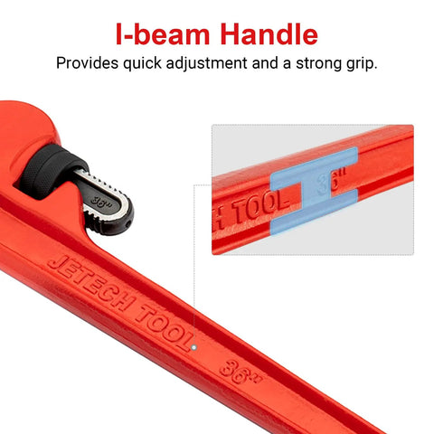 36 Inch Heavy Duty Pipe Wrench With Adjustable Aluminum Body And Floating Hook Jaw Rust Resistant Red I Beam Handle Rugged Grip