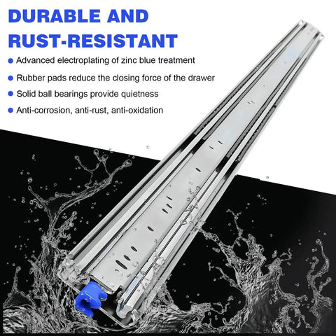 Top Shelf Heavy Duty Full Extension Drawer Slides With Locking Rails And Three Hundred Pound Load Capacity For Bombproof Professional Cabinet Upgrade Rust Resistant Steel, close-up of zinc blue treated track.