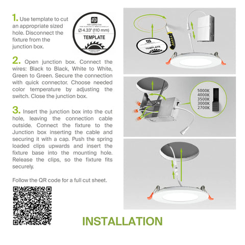 Installation guide for 4 Pack 12 Inch LED Recessed Canless Wafer Downlights Dimmable 24W Easy Install With 5 Color Temperatures CRI90