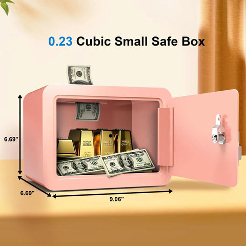 Pink Mini Safe For Kids And Home Portable Lock Box With Key For Money Cash Documents Dorm Room Safe 0.23 Cubic Feet Small Safe