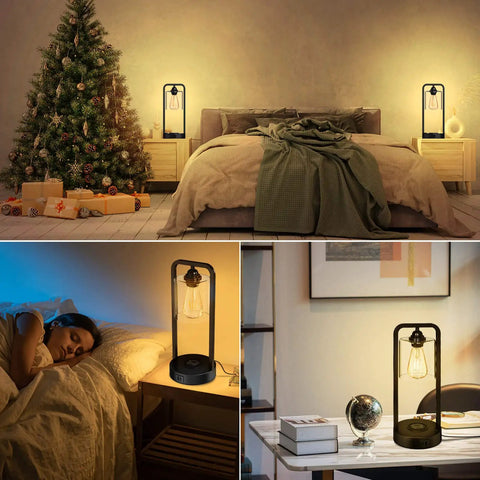 Room with Two-Pack Wireless Charging Bedside Table Lamp Set with Touch Control, glass shade, on nightstands and desk.