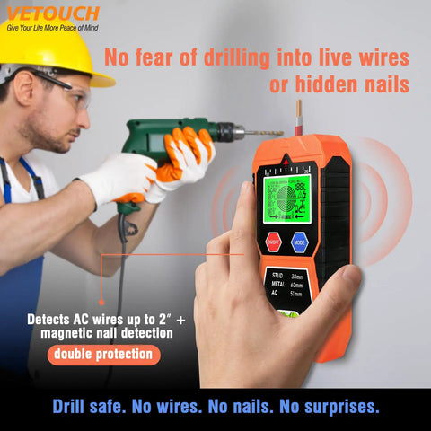 No Sweat 7 In 1 Wall Scanner And Stud Finder That Sniffs Out Wood Metal AC Wire And Iron Fasteners Behind Drywall, in use detecting hidden objects.