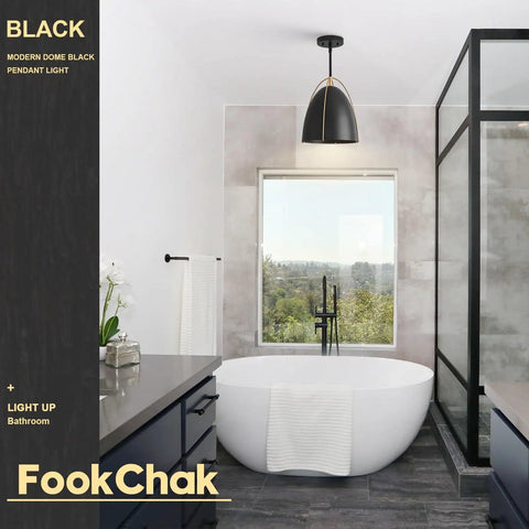 Stylish bathroom with Black Dome Pendant Light For Kitchen Island, 10 Inch Dope Modern Black And Gold Ceiling Fixture above tub.