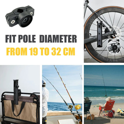 Adjustable Pole Mount Fishing Rod Holder for Bike and Chair usage shown in various environments.