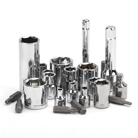 Assorted sockets and screwdriver bits from 168-Piece Socket Wrench Auto Repair Tool Set In A Plastic Toolbox Case on white background