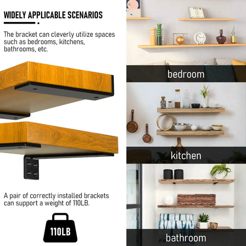 Straight Up Heavy Duty Floating Shelf Brackets 4 Inch Long L Shaped Metal Hidden Wall Mount Supports For Displays And Bookshelves Built Different Stability Clean Black Finish 6 Pack showcased in bedroom, kitchen, and bathroom.