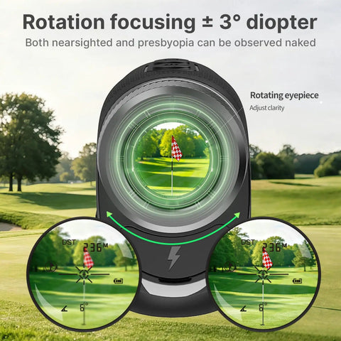 Golf Rangefinder With Slope Compensation And 1200 Yard Range, Compact Leather Exterior Device Packing 6X Magnification, rotating eyepiece for clarity adjustment.