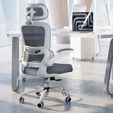 Ergonomic Home Office Chair With Mesh Back And Adjustable Lumbar Support Wheels Breathable Desk Chair For Long Hours Supports Up To 330 Lbs Comfortable Gaming Style White next to modern desk setup.