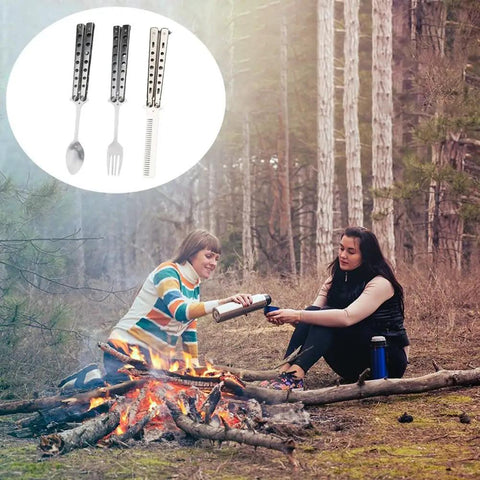 Foldable Butterfly Spork Camping Set Stainless Steel Utensils For Hiking And Backpacking near campfire outdoors