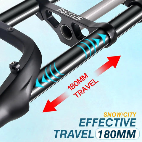 Close-up of 180mm travel on 20 Inch Fat Tire Front Suspension Fork For Snow And Beach Mountain Bikes 180mm Travel 135mm Hub Spacing 9mm Quick Release One And One Eighth Inch Straight Steerer Oil Filled Ebike Fat Fork Double Crown