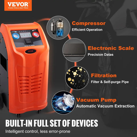 Fully Automatic Refrigerant Recovery Machine For R134A And R1234YF AC Systems, showing compressor, electronic scale, filtration, and vacuum pump features.