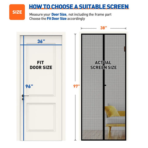 Size guide for Magnetic Screen Door 36x96 Fit, 38x97 Mesh With Strong Magnets And Reinforced Hook And Loop