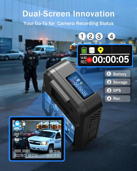 Close-up of F2 128GB Dual Screen Body Camera With GPS 2K Video And 40MP Photos in use by security officer, urban setting