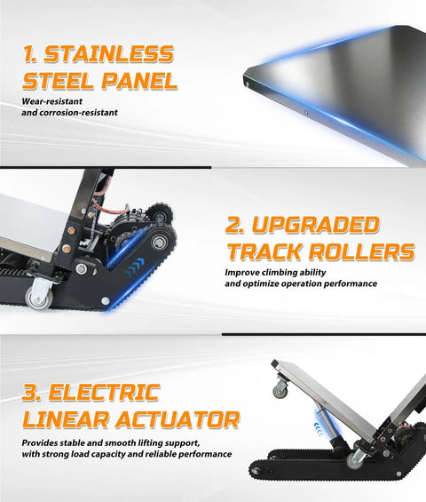 Detailed view of the Boss Level Electric Stair Climbing Dolly With 1200W Motor and 880 Lbs Capacity, showcasing stainless steel panel and upgraded track rollers.