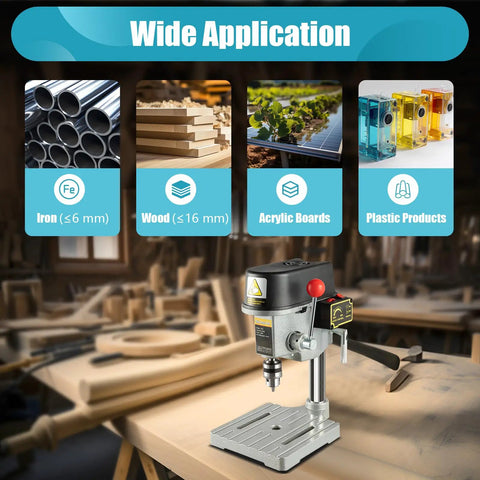 Versatile Benchtop Drill Press With 3 Speed Settings 110V Low Noise Electric Drill Stand in a workshop for various materials