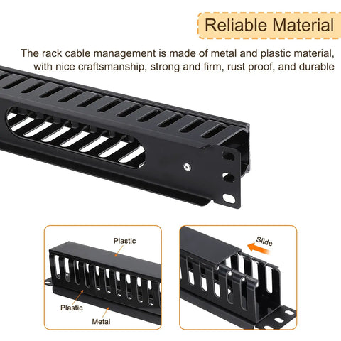 Side view of Two Pack 1U 19 Inch Cable Manager for Network Cabinets, featuring 24-slot heavy-duty metal finger duct, black