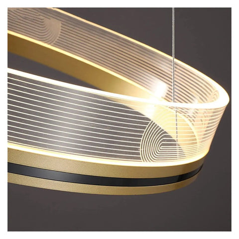 Close-up of LED Pendant Lights Modern Acrylic Creative Ceiling Pendant Lamp Ring with gold accent and intricate design.