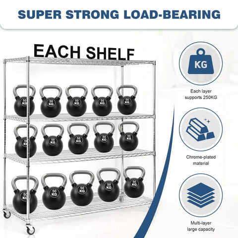 Heavy Duty Five Tier Metal Shelving Unit With Wheels For Easy Mobility And High Capacity Industrial Wire Racks Each Shelf 250kg Garage Warehouse Organizer Durable Steel Storage Shelf For Commercial Space, shown with kettlebells