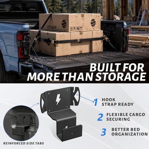 Built Tough Ford Boxlink Hitch Holder For Truck Bed 2 Inch Receiver Bracket with secured cargo in blue truck bed.