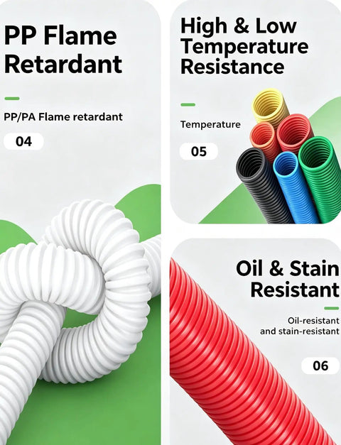 Pro Grade Heavy Duty Flexible PP Corrugated Conduit For No Sweat Wire Routing And Flame Resistant Cable Armor in white and red.