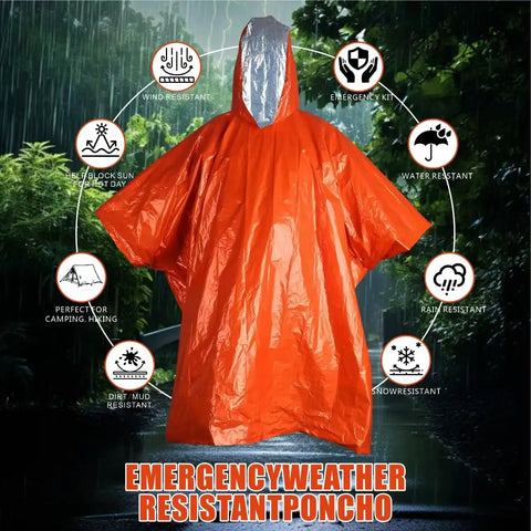 4 Pack Emergency Ponchos with reversible orange and reflective silver hooded heat retention Mylar, windproof rain gear.