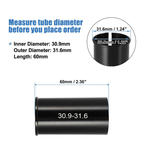 Seat Post Reducer Sleeve Adapter 30.9mm To 31.6mm For Bikes Aluminum Alloy Black Easy Install No Tools Needed image showing dimensions