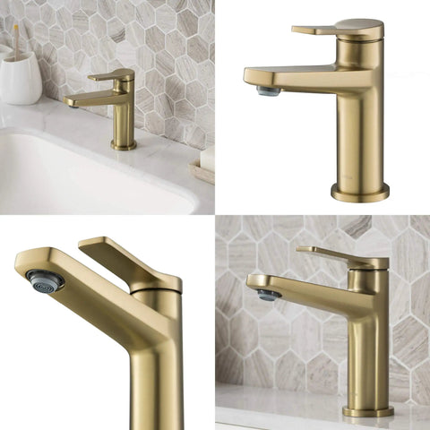 Indy Single Handle Basin Bathroom Faucet With Pop Up Drain And Overflow In Brushed Gold Solid Brass Construction for modern vanities.