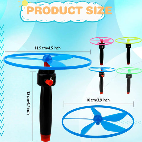 Awesome Flying Saucer Toy Set With 32 Discs And 16 String Launchers for Kids showing disc and launcher dimensions.