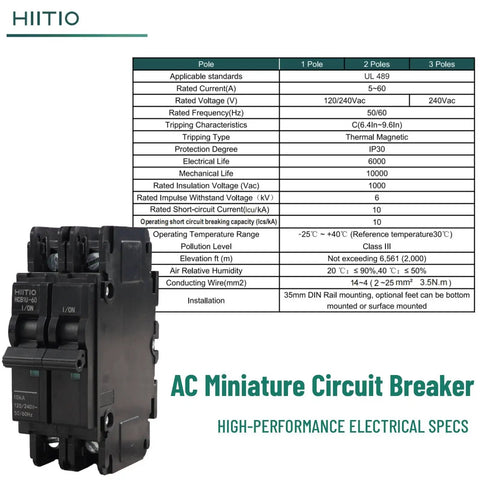 Pro Grade 60 Amp AC Miniature Circuit Breaker 120V 240V 2 Pole Din Rail Mount UL 489 Listed 10K Rating features technical specifications.