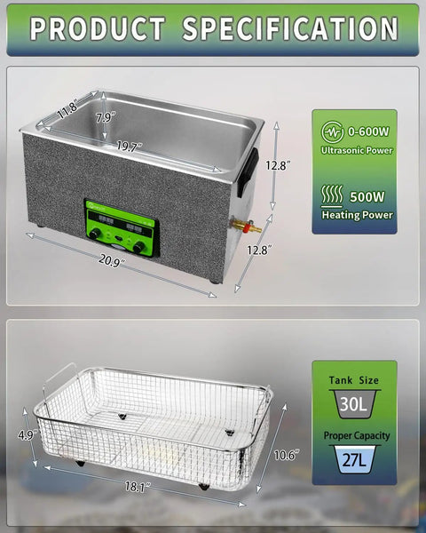 Industrial Ultrasonic Cleaner 30L 600W with dimensions and power settings shown