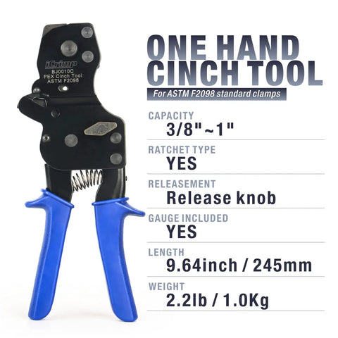 Ratchet PEX Cinch Tool For Stainless Steel Clamps Meets ASTM 2098 Clamping Three Eighths One Half Three Quarters Five Eighths