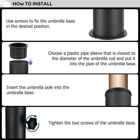 Installation diagram for Universal Granite Umbrella Stand Tube For Outdoor Use Stainless Steel Base, showing steps to secure the pole.