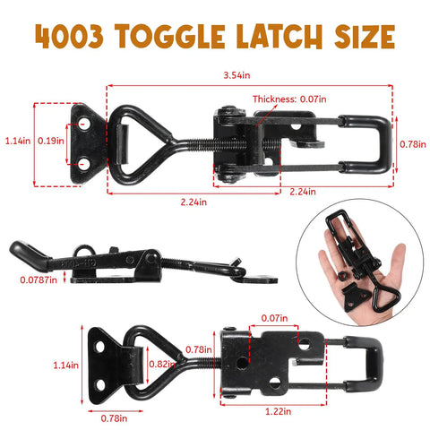 Beefed Up Heavy Duty Toggle Clamp Latch Set 4 Pack 4003 Style 1320 Lb Holding Capacity showing dimensions and hand size reference