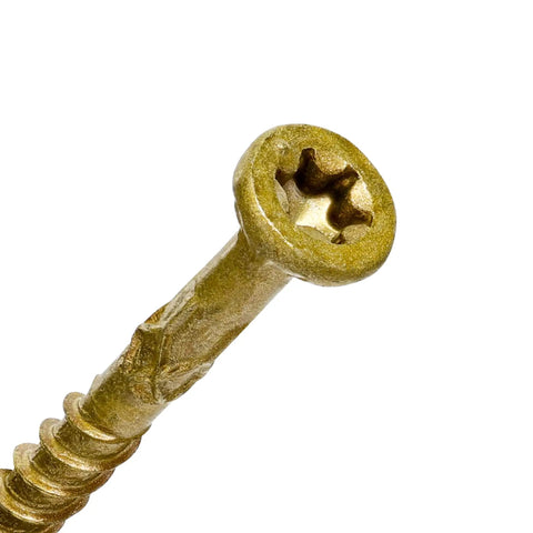 Close-up of All-Purpose Exterior Wood Deck Screws For Outdoor Projects Size Ten By Two And A Half Inches Bronze Epoxy Coated.