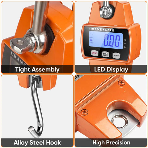 Rock Solid Heavy Duty Digital Hanging Scale Premium Aluminum Crane Gauge 660 Lb Capacity with LED display and alloy steel hook.