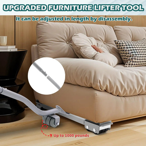 Heavy Duty Appliance Rollers With Adjustable Lifter under sofa, showcasing extendable furniture movers kit in gray.