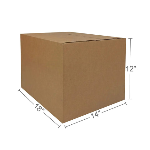Heavy Duty Corrugated Moving Boxes For No Drama Packing Medium 18X14X12 Inches brown carton, side view with dimensions shown.