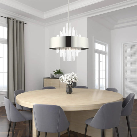 Sleek 10 Light Polished Nickel Pendant Chandelier Featuring Clean Drum Shade And Sparkling Clear Crystal Rods To Bring Major Luxe Vibes To Your Awesome Home, hanging above a round wooden dining table.