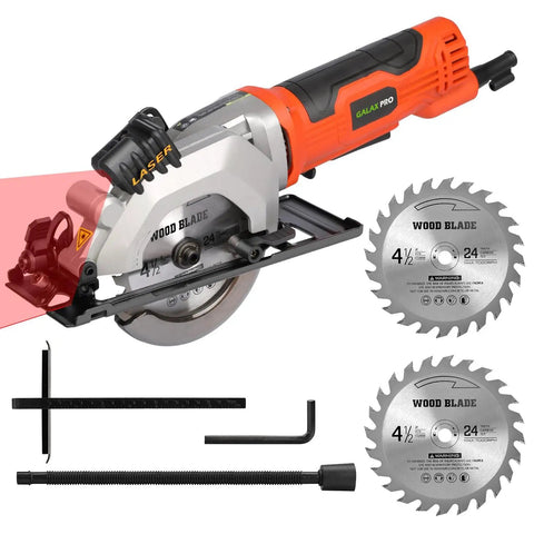 Heavy Duty Mini Circular Saw With Beefy 4 Amp Motor And Crisp Laser Sight For Dang Clean Cuts On PVC Laminate Drywall And 2x4s Featuring Slick Dust Collection Port showing laser guide and wood blades.