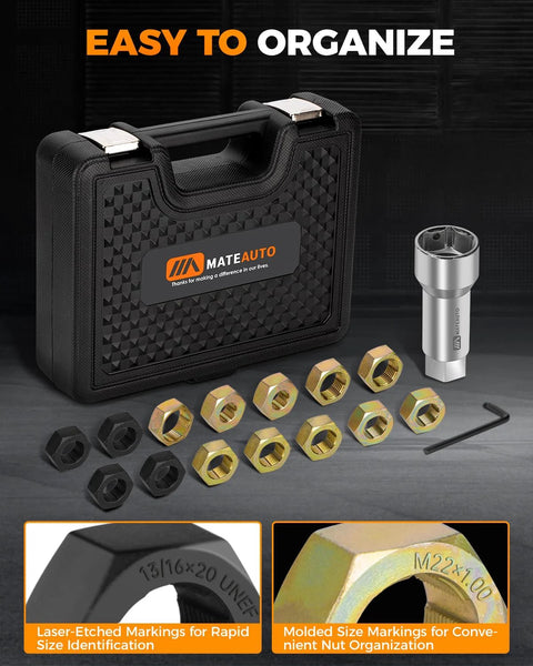 MateAuto 16-piece axle spindle thread rethreading kit in a black case; brass and black hex nuts with a silver thread tool.