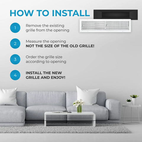 Living room scene with installation steps for Premium 30 By 6 Inch Wall Vent Cover With Multi Shutter Damper in rustproof aluminum.
