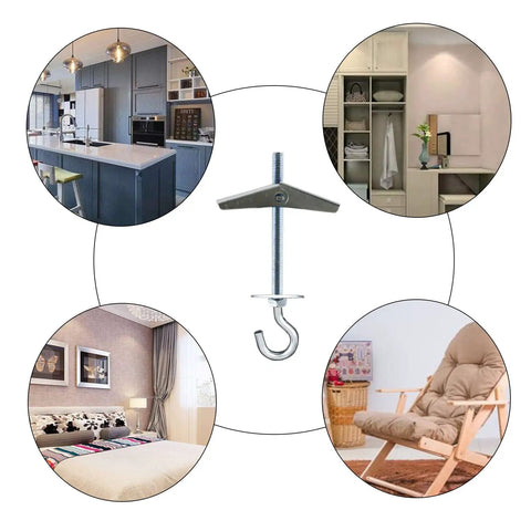 Heavy Duty Carbon Steel Ceiling Hooks Four Pack Spring Toggle Drywall Anchors For Hollow Walls Rock Solid Swag Plant Hangers in home settings.