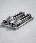 Built Tough Multi Station Machining Vise With Killer Workholding Clamps And Precision Stepped Copper Alloy Plates 300X220X16mm Two Rows, side view of clamps on metal base.