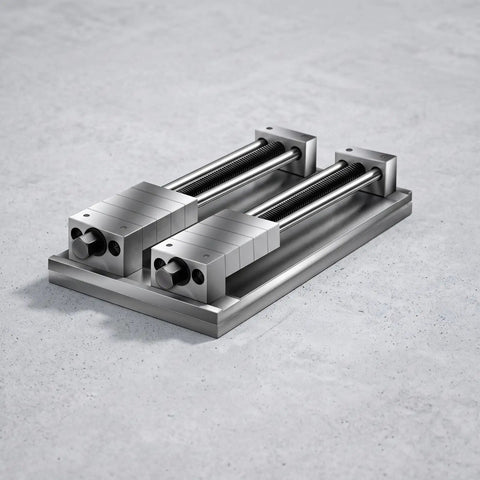 Built Tough Multi Station Machining Vise With Killer Workholding Clamps And Precision Stepped Copper Alloy Plates 300X220X16mm Two Rows, side view of clamps on metal base.