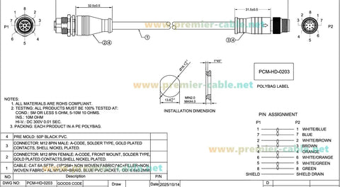 M12 A Code 8 Pin Male To Female Extension Cable With Front Panel Bulkhead Mount IP67 Shielded CAT6A Pro Grade Industrial Ethernet For Sensors, Robotics, Machine Vision And Automation 0.3m technical drawing with dimensions